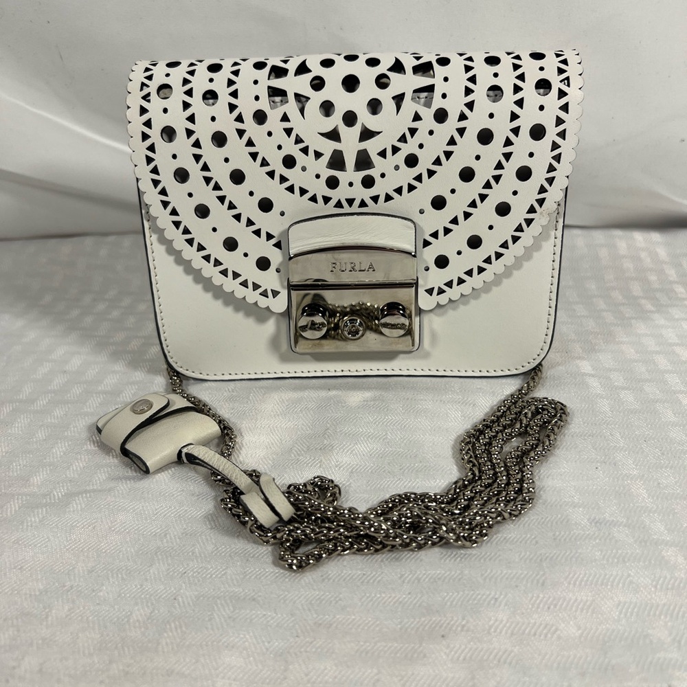 4024: Furla White Laser-Cut Leather Chain Crossbody Flap Bag